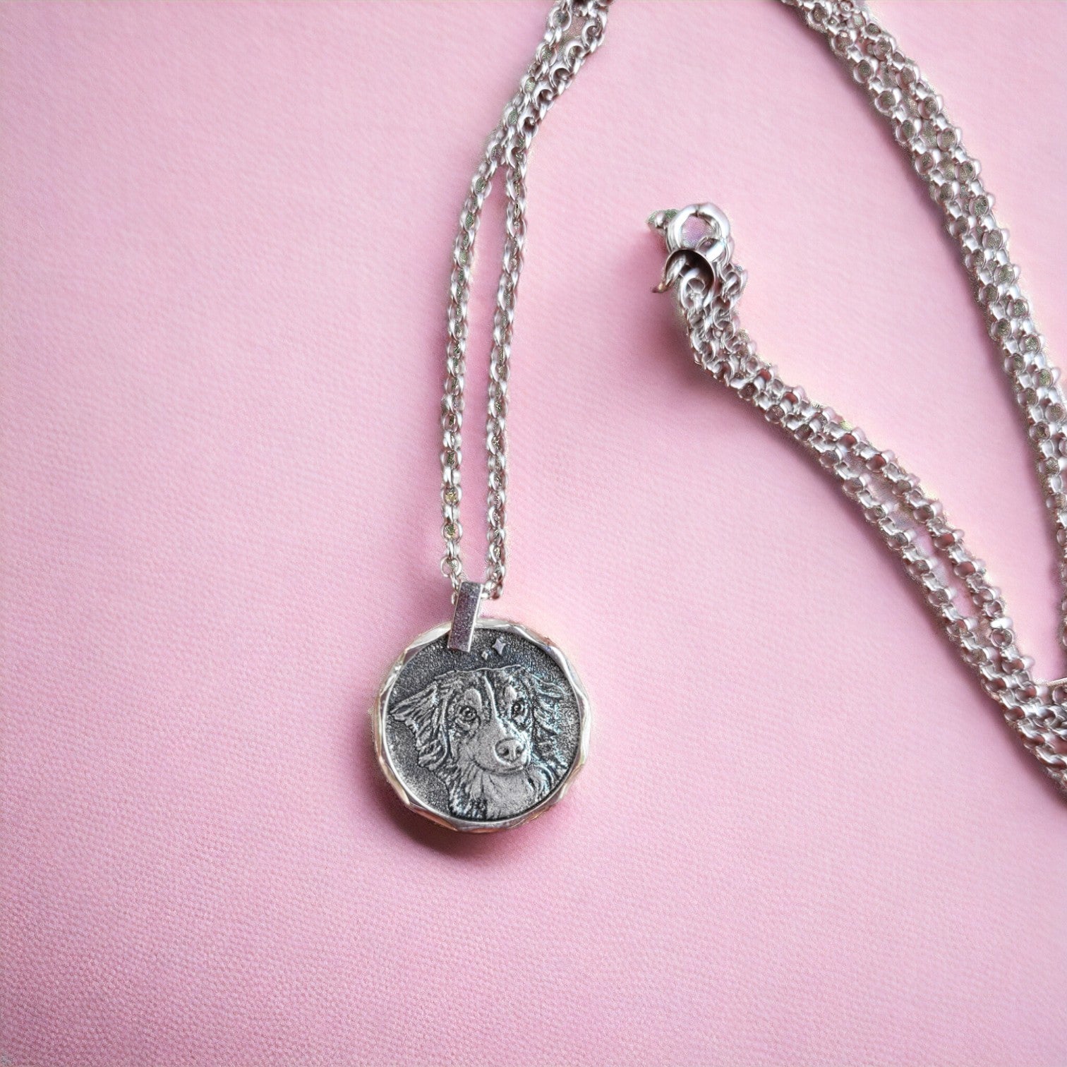 Handcrafted sterling silver coin necklace with a pet portrait on a pink background