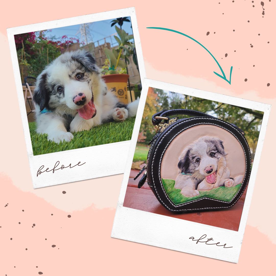 Comparison image showing the original pet photo and the painted portrait on a leather handbag.