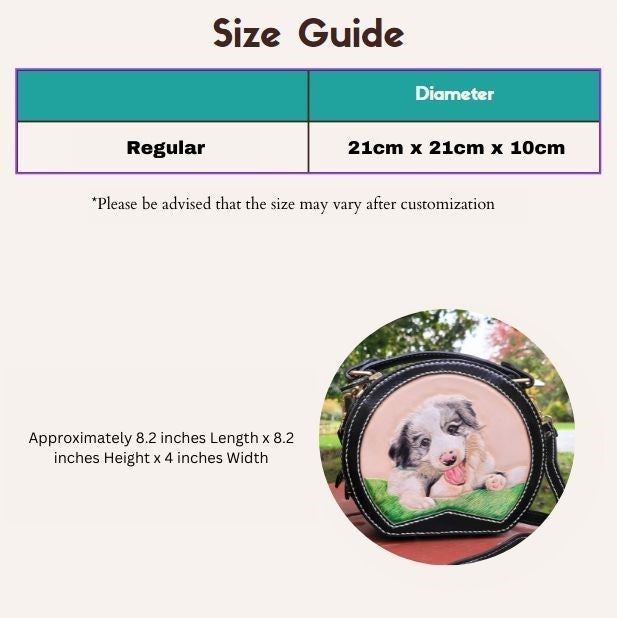 Size guide for the custom pet portrait leather handbag in regular size