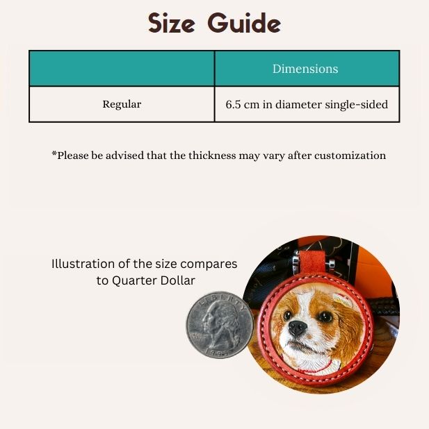 Size guide for custom pet keychain with comparison to quarter dollar