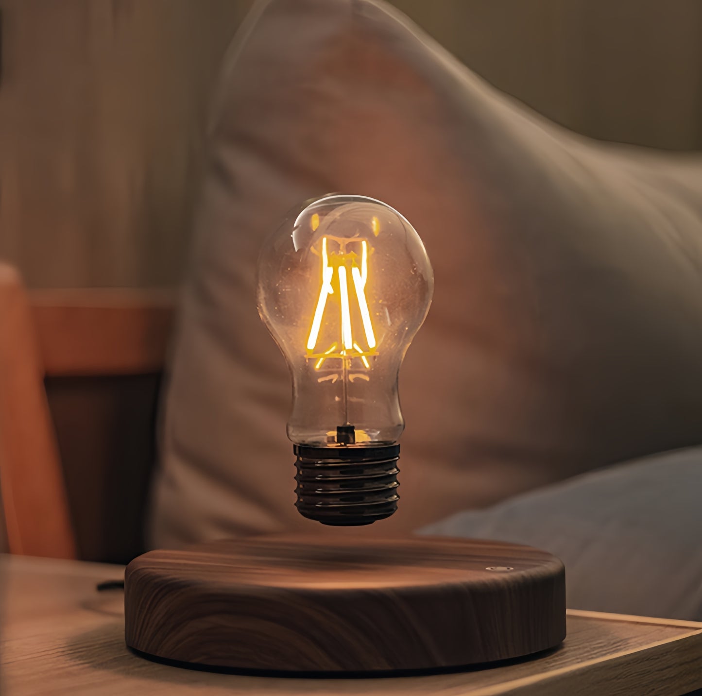 Illuminated floating light bulb displaying a soft warm glow
