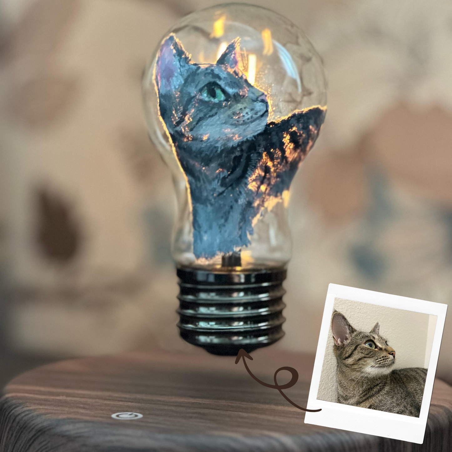 Floating pet portrait light bulb showcasing pet photo customization options