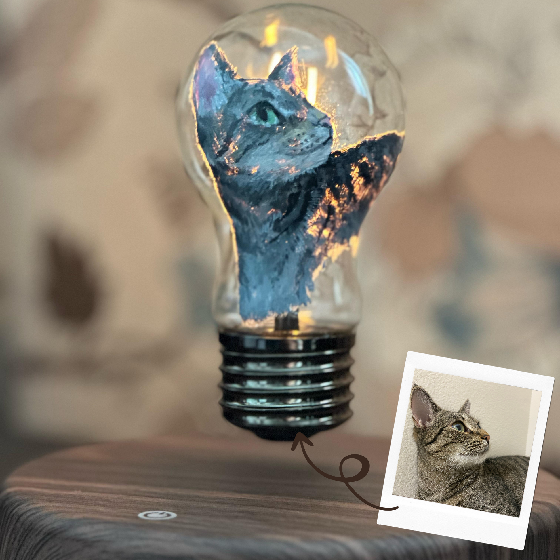 Floating pet portrait light bulb showcasing pet photo customization options