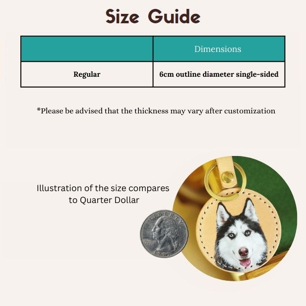 Size guide showing the dimensions and details of the leather keychain with a sample image