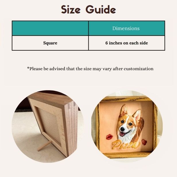 Size guide for custom pet portrait hand-carved leather frame