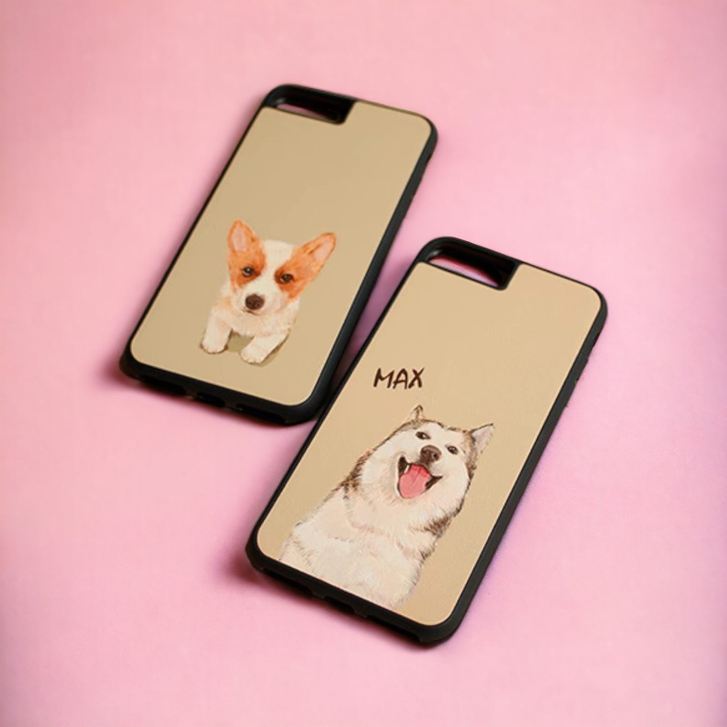 Customizable iPhone case crafted from leather, adorned with a hand-painted portrait of brown and white dogs against a pink background.