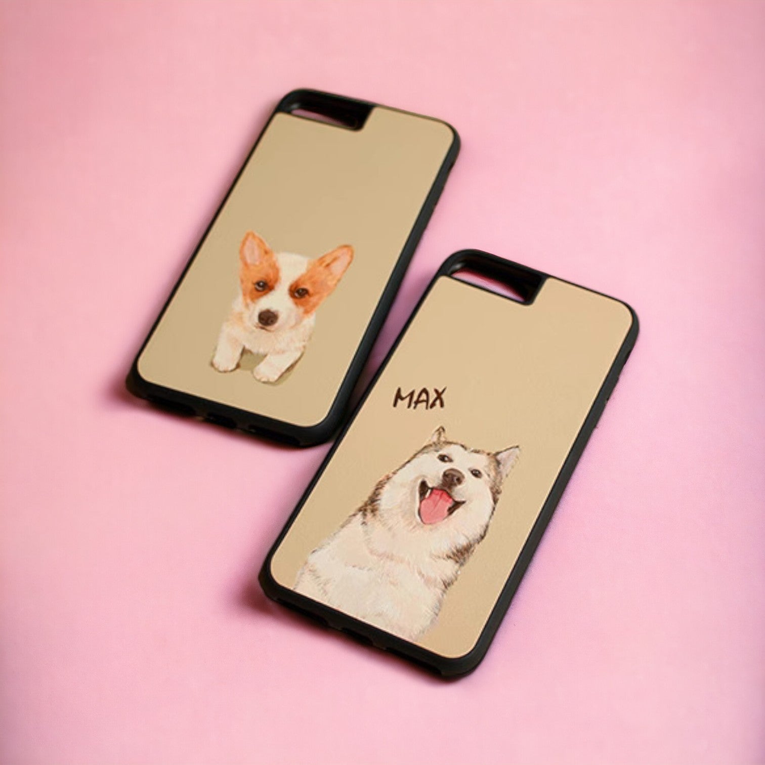 Customizable iPhone case crafted from leather, adorned with a hand-painted portrait of brown and white dogs against a pink background.