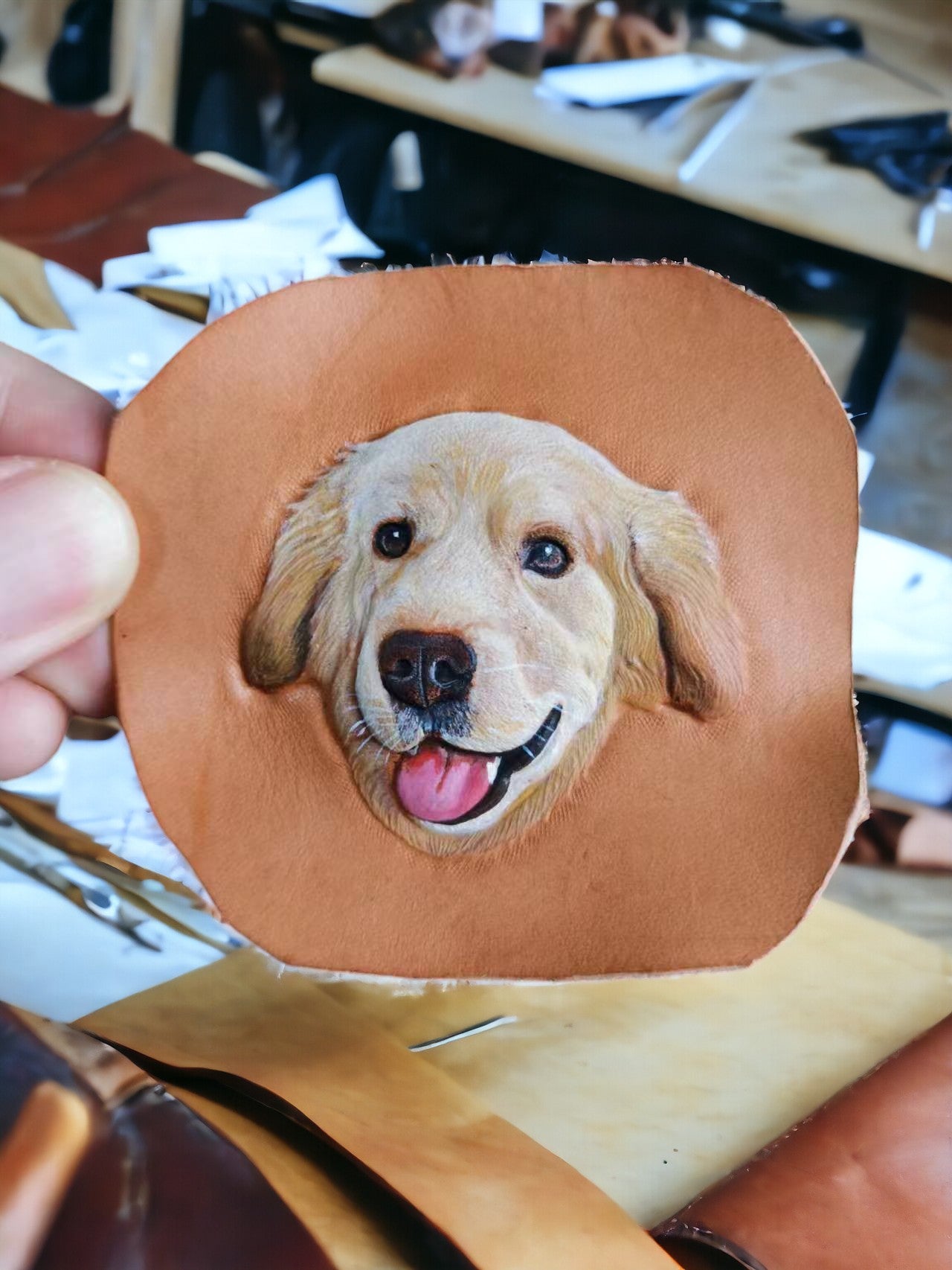 Handcrafted custom pet portrait on leather showcasing personalized and high-quality pet products by Petnoya