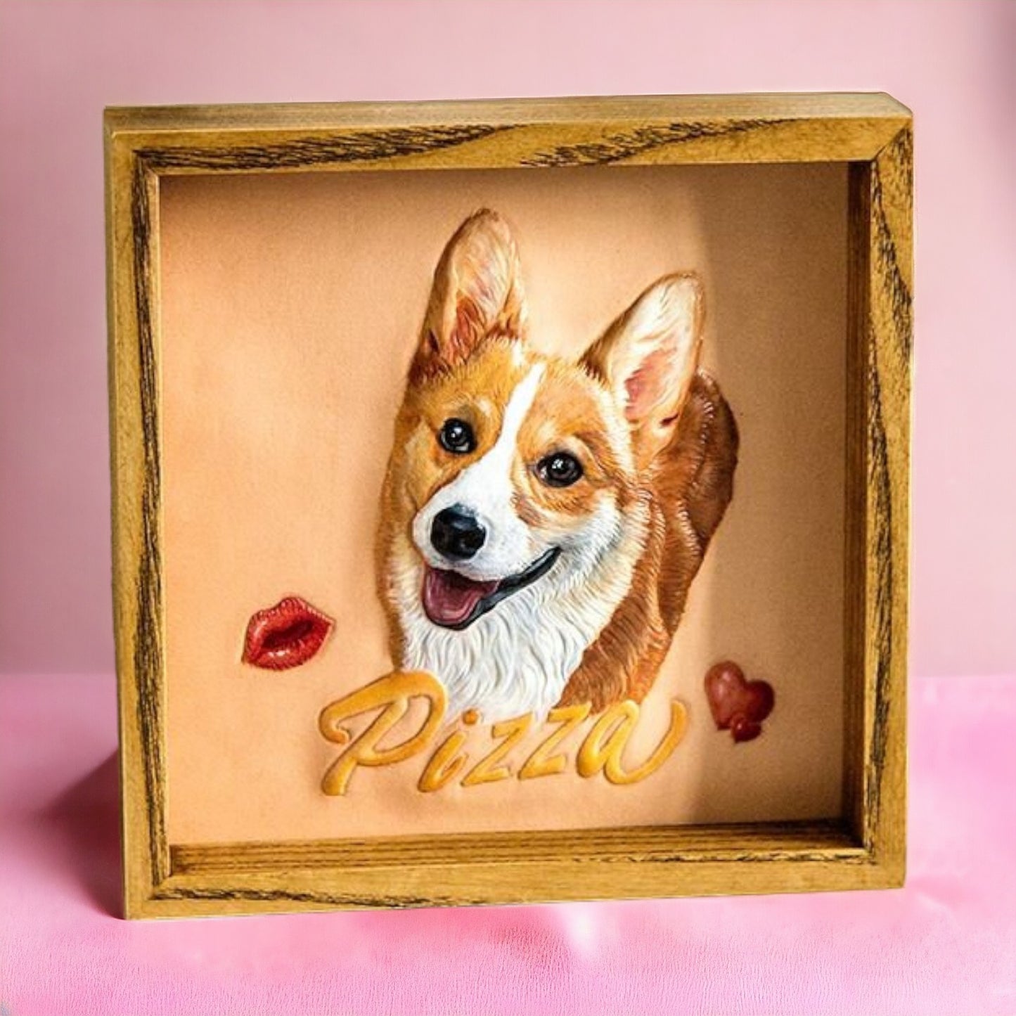 Custom pet portrait hand-carved leather frame featuring a Corgi with the name 'Pizza'