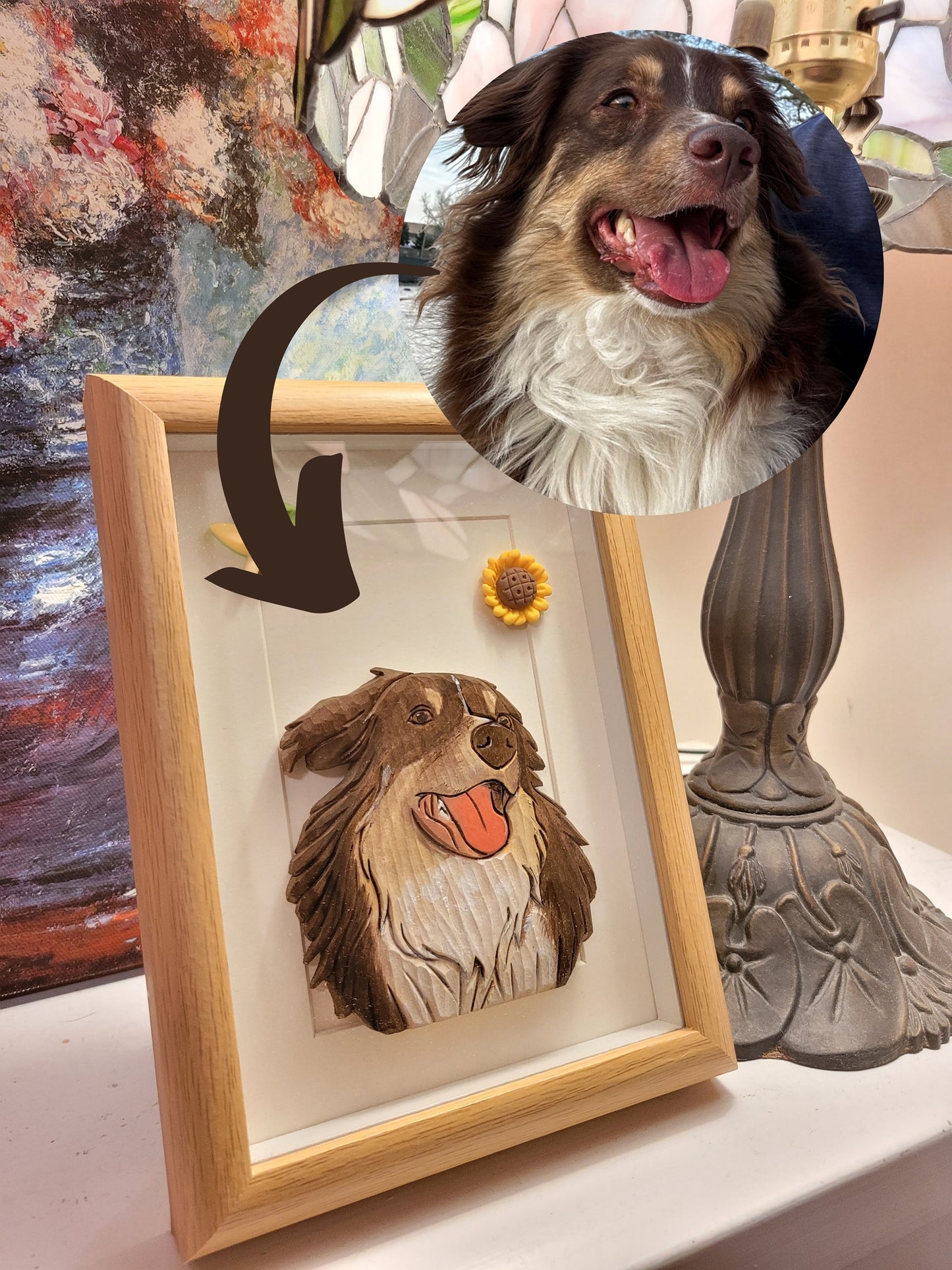 Photo to custom made handcrafted wood carving pet portrait of a dog