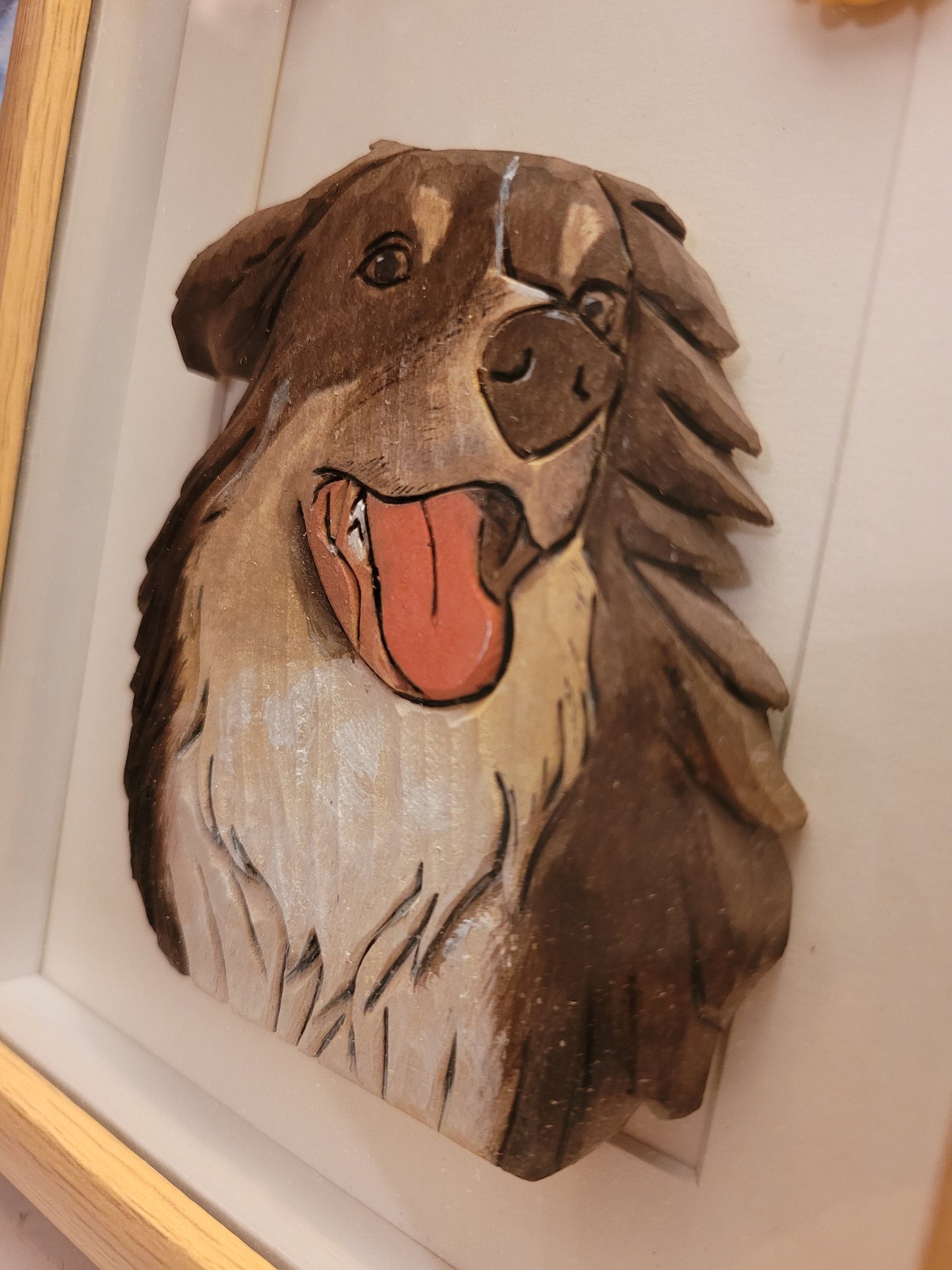 Side view close up of details for personalized wood carving pet portrait