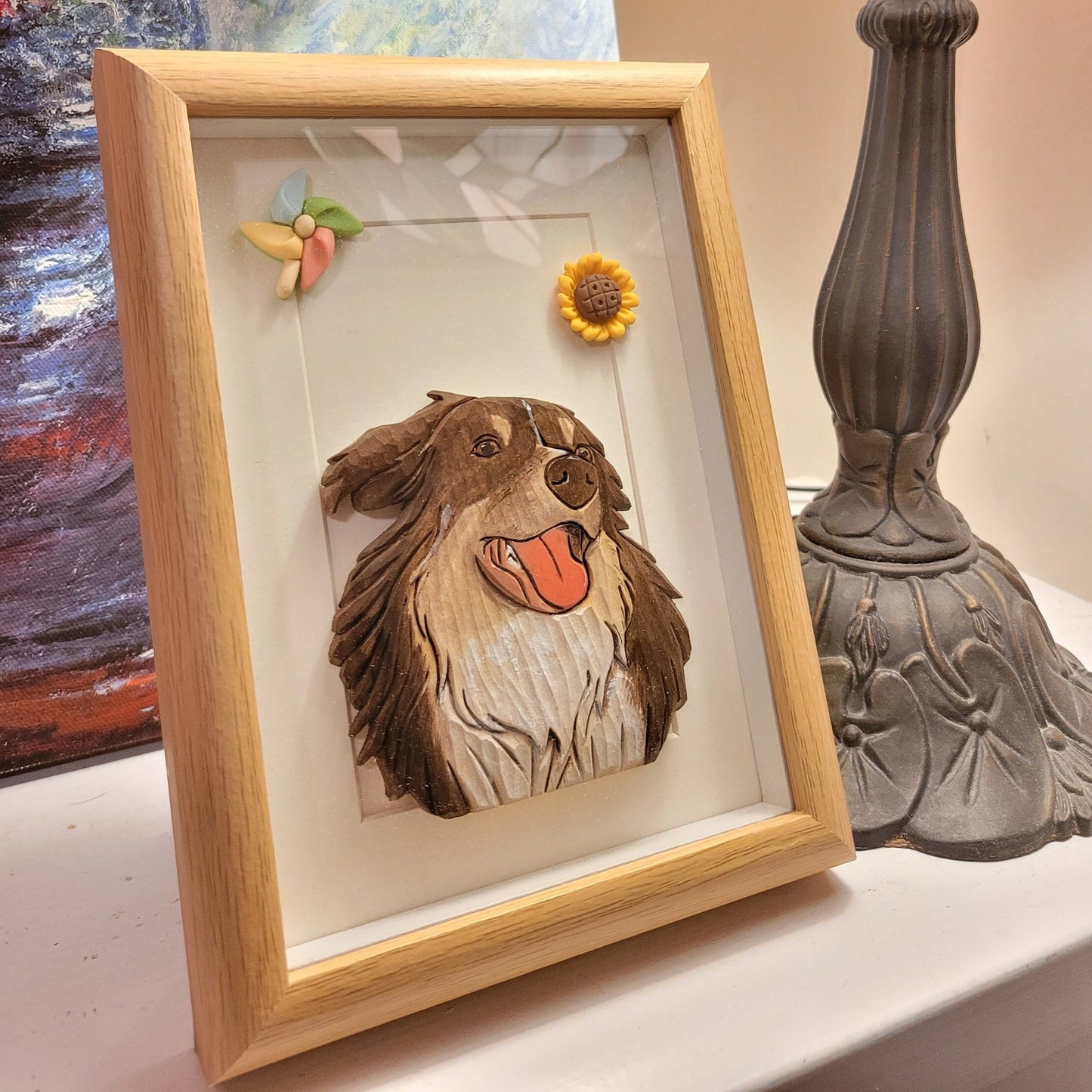 Personalized full detailed wood carving pet portrait of a dog in a wood frame