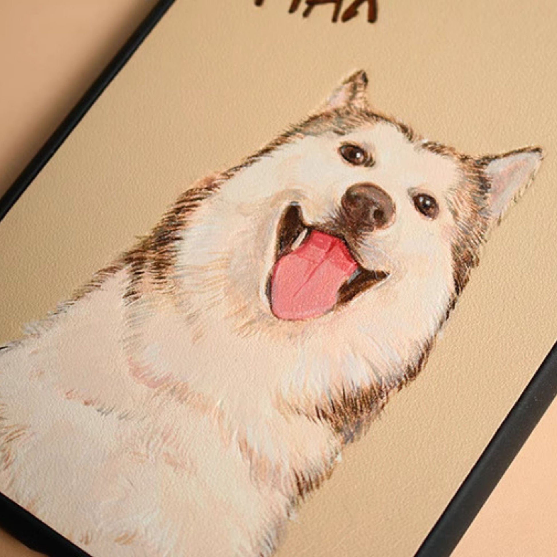 Close up customizable phone case with hand-painted dog portrait