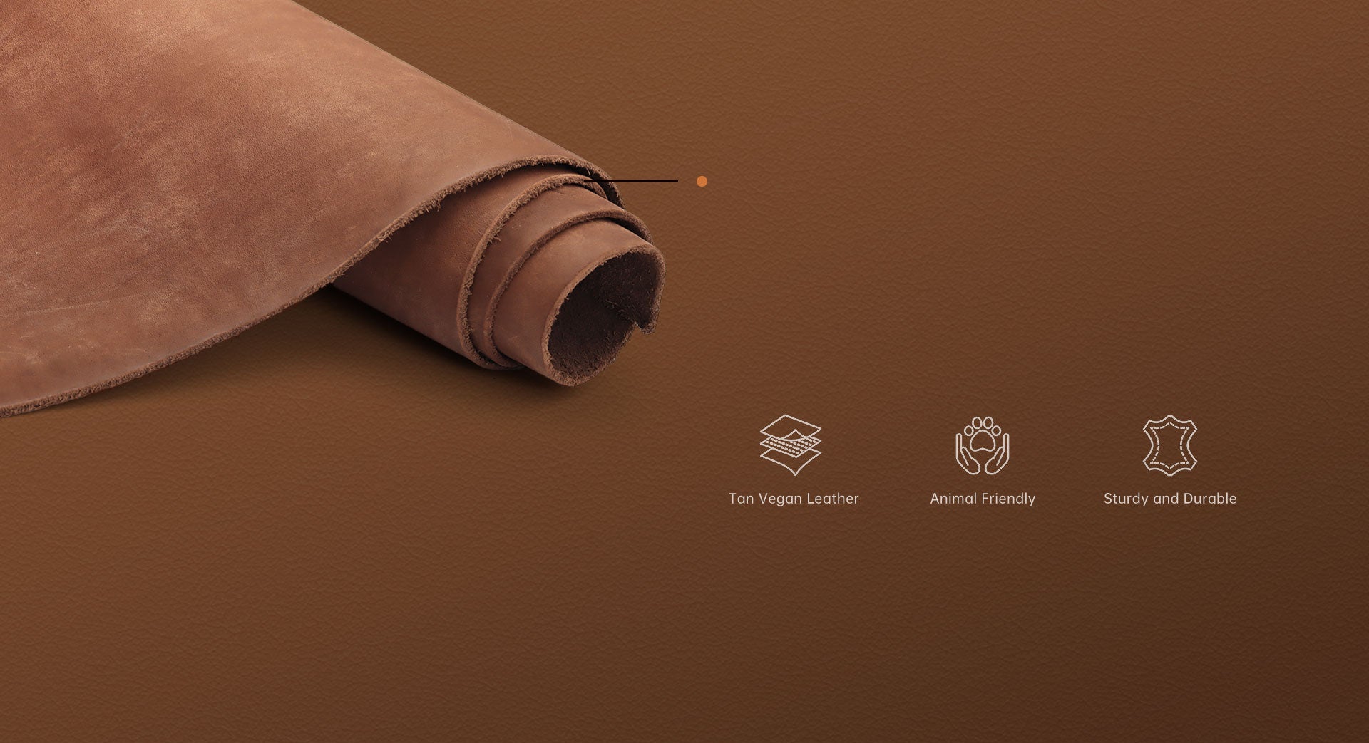A roll of premium tan vegan leather highlighted with icons indicating its animal-friendly, sturdy, and durable qualities, perfect for Petnoya's range of handcrafted pet gifts and accessories.