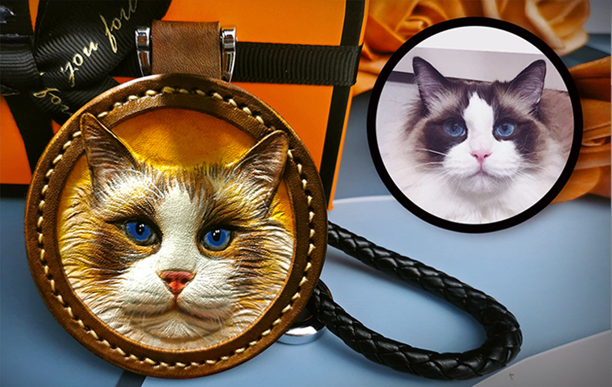 Custom pet keychain with 3D pop carving of a cat