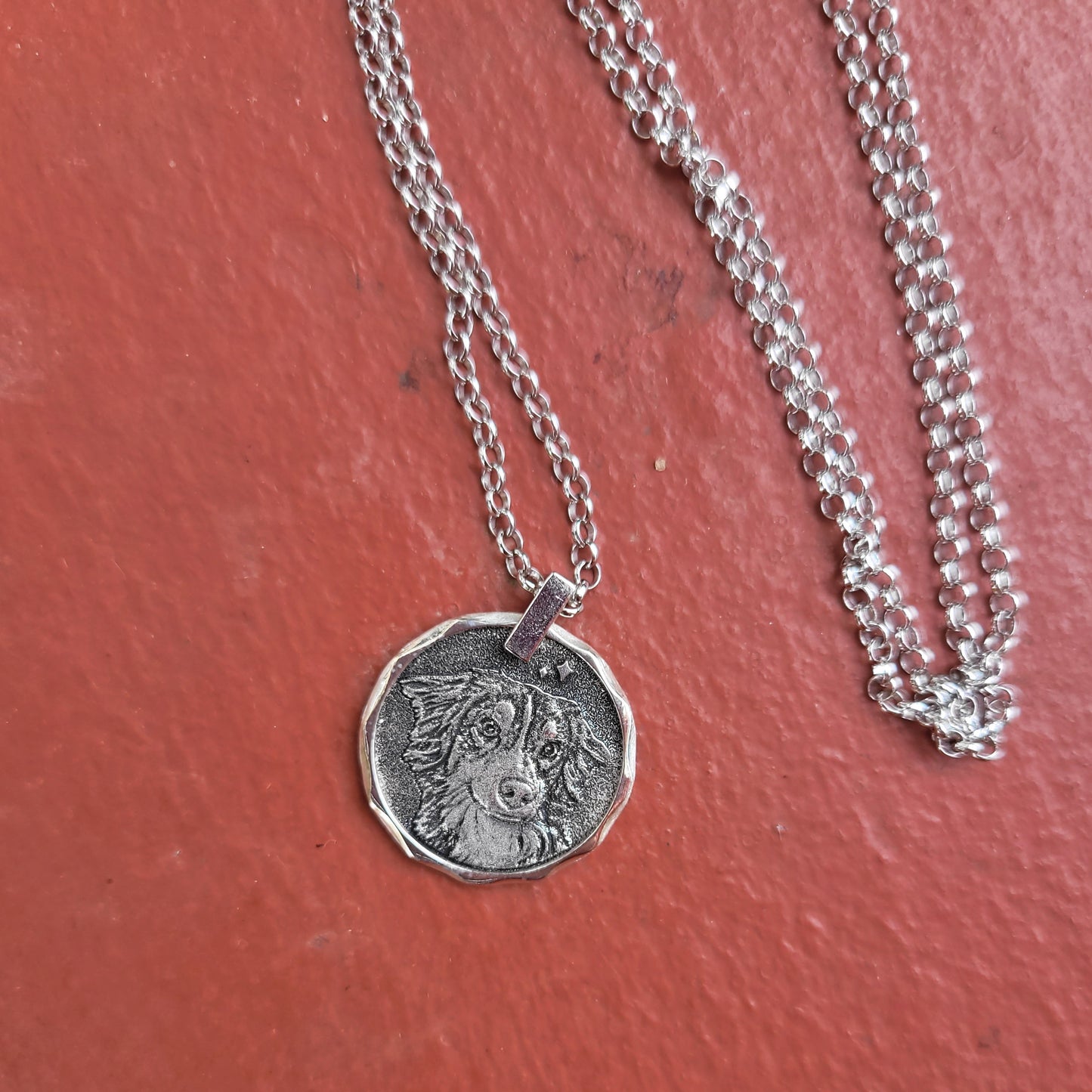 Handcrafted sterling silver coin necklace with pet portrait displayed on a red background