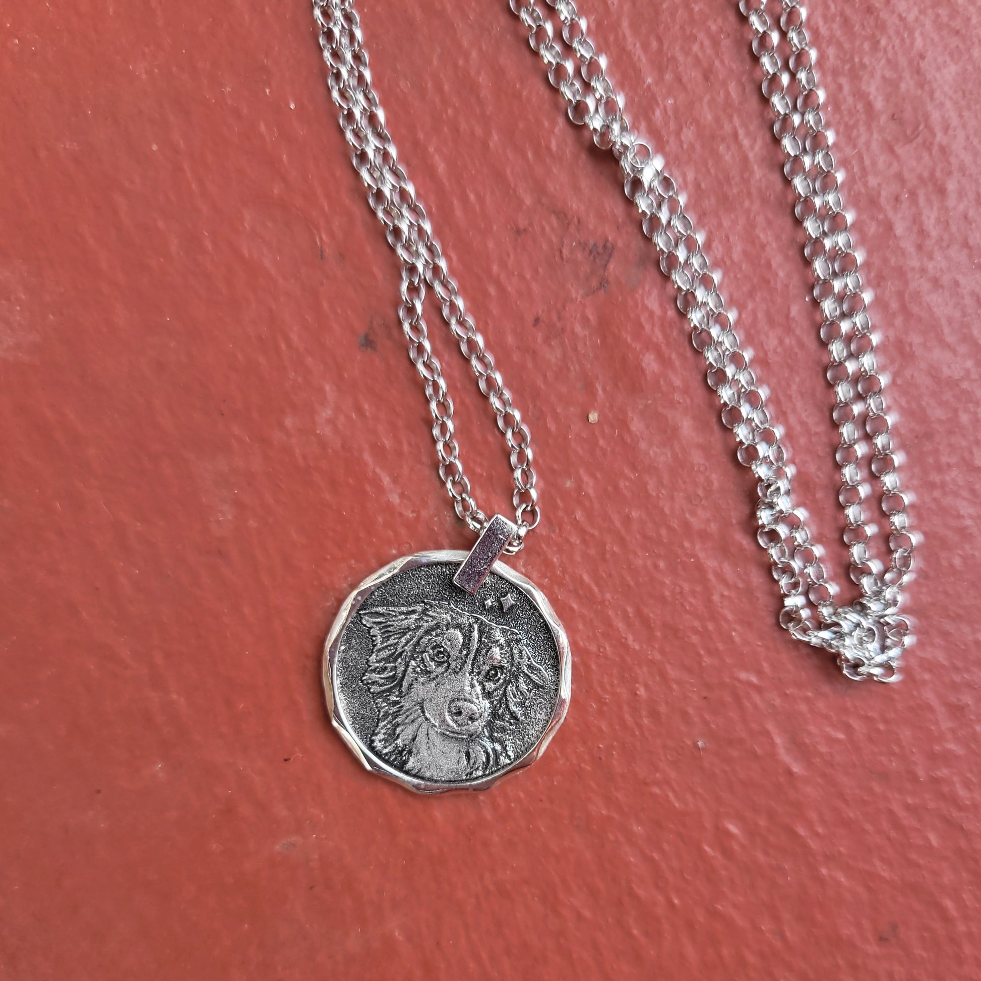 Handcrafted sterling silver coin necklace with pet portrait displayed on a red background