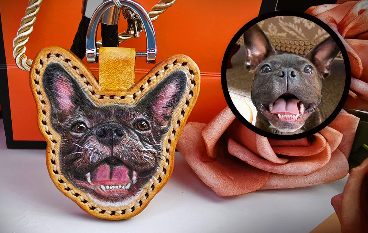 Custom pet keychain with brown leather and 3D pop carving