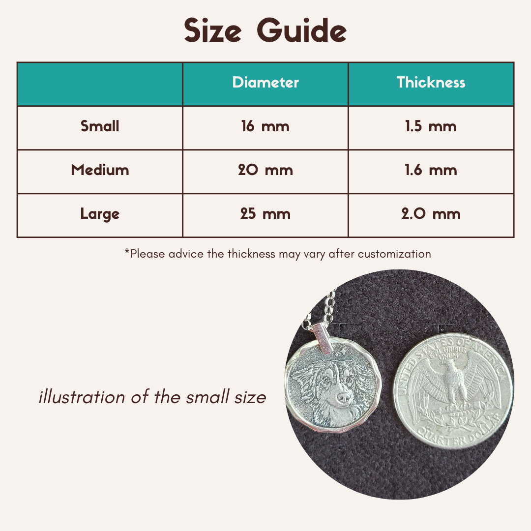 Size guide for handcrafted sterling silver coin necklaces, showing small, medium, and large sizes