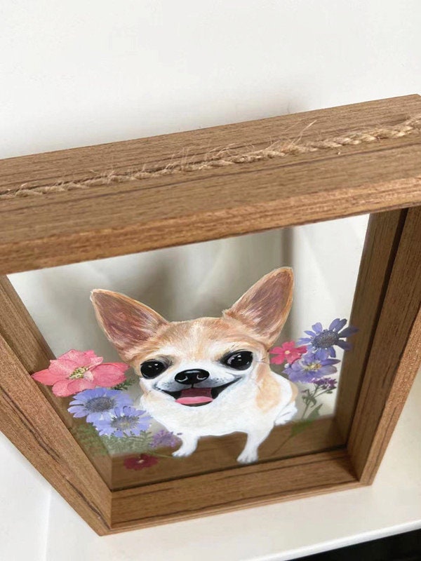 Hand-painted glass portrait of a white fluffy dog in a wooden frame, perfect for pet memorial gifts.