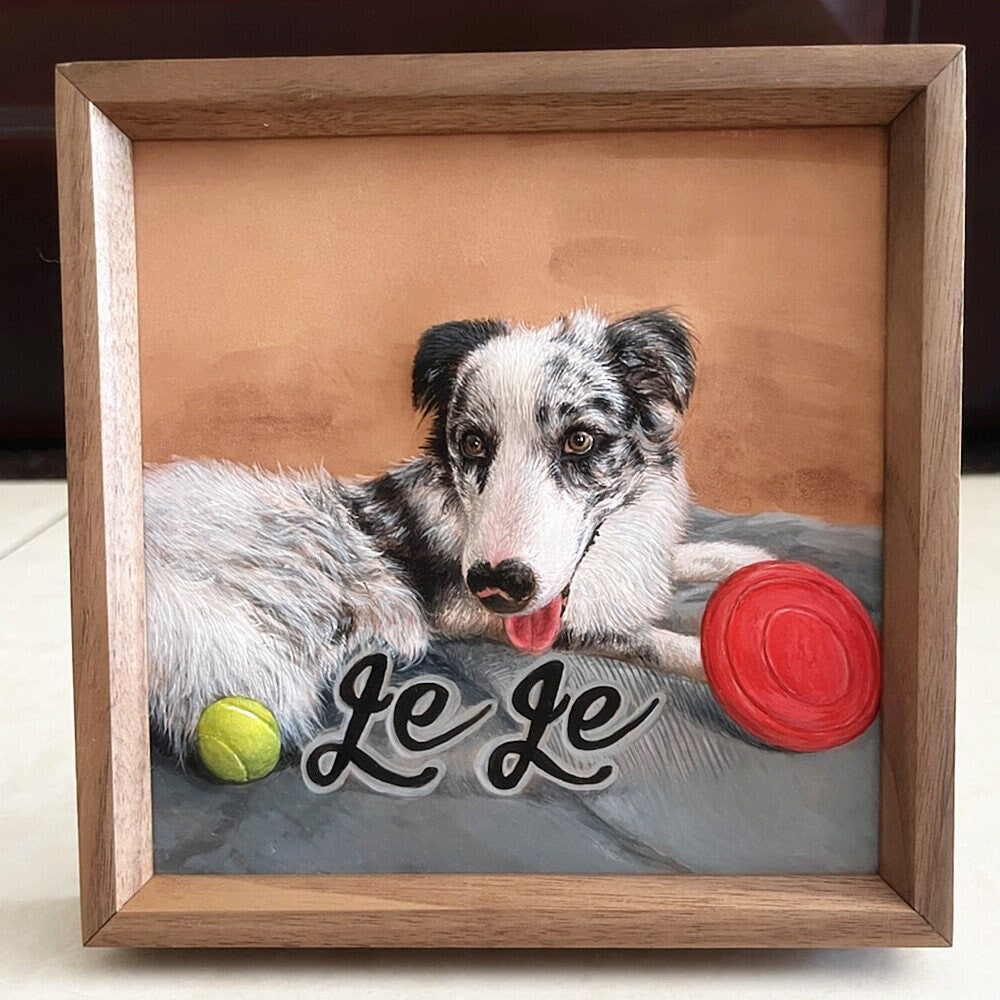 Front view of a custom pet portrait hand-carved leather frame featuring a detailed dog image and the name 'Le Le'