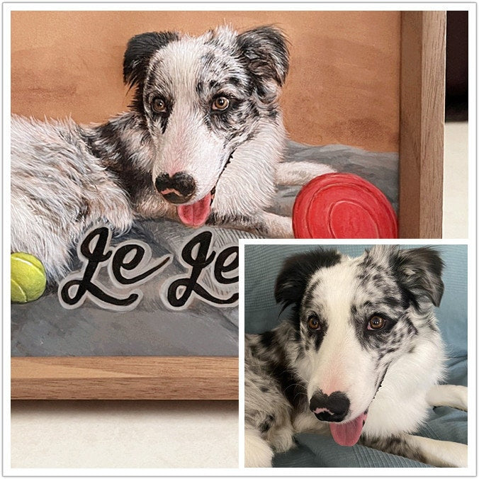 Side view of a custom pet portrait hand-carved leather frame with a detailed dog image and the name 'Le Le'