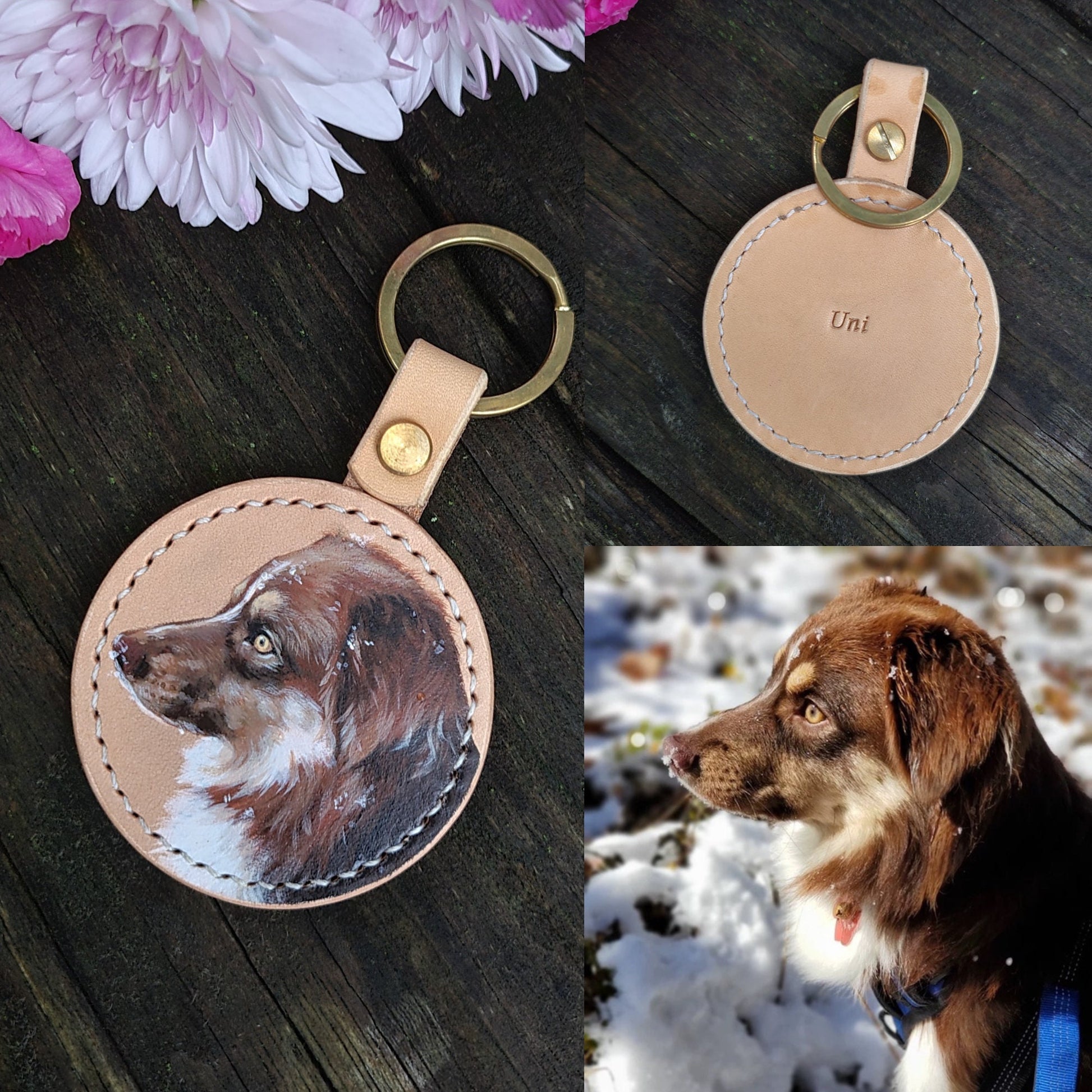 Handpainted leather keychain with a portrait of a brown and white dog, shown with a metal ring attachment