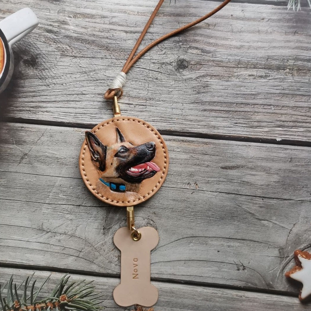 Front view of customizable handcrafted pet portrait mirror charm with 3D dog portrait and name tag