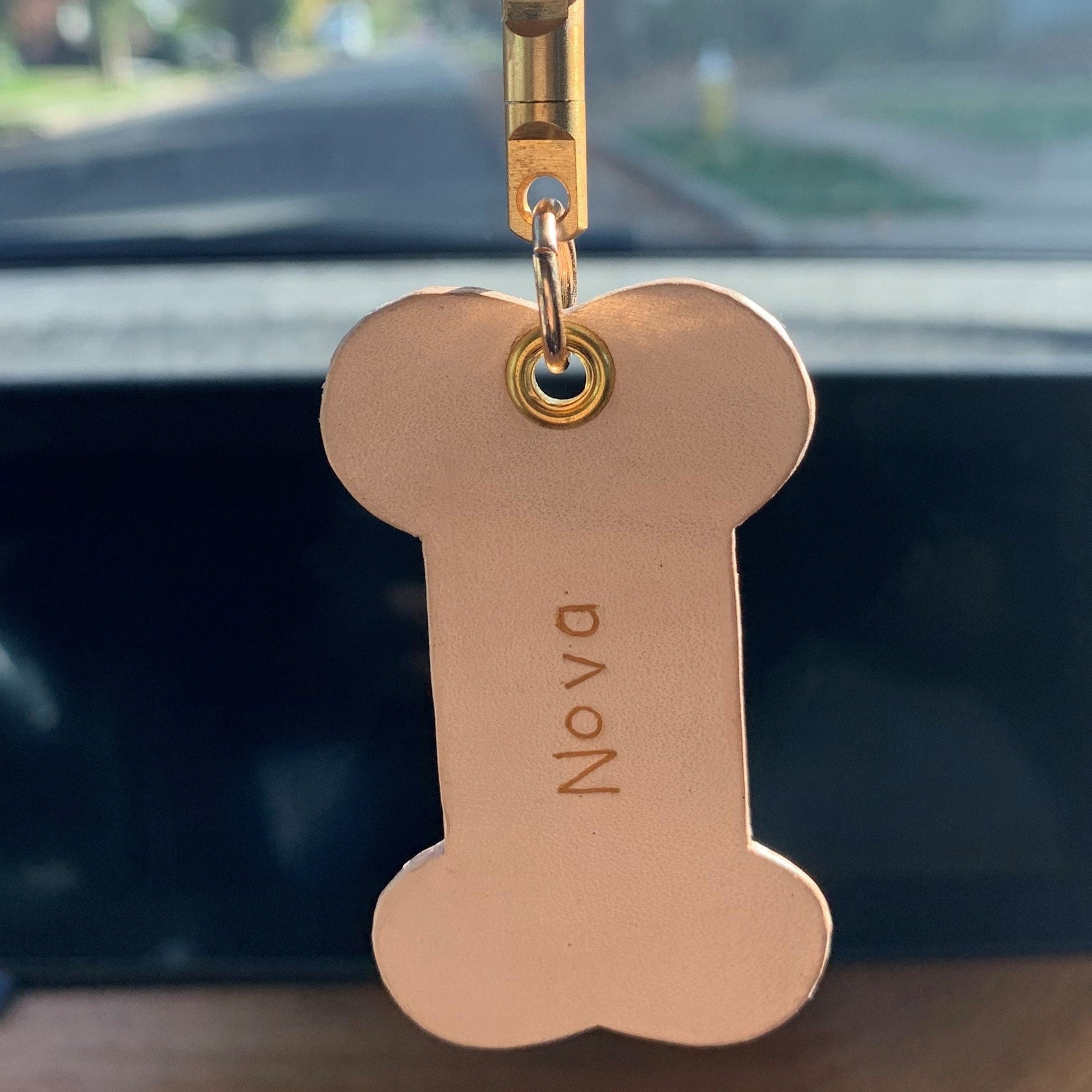 Close up view of customizable leather engraving name tag