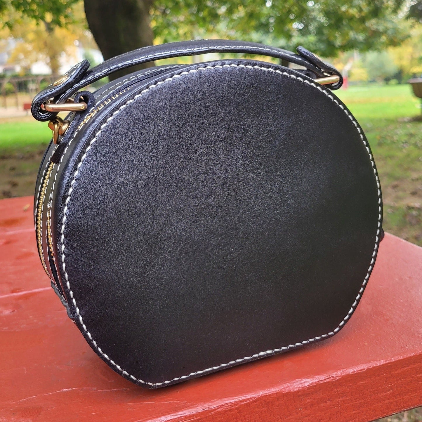 Back view of a round leather handbag with custom pet portrait painting