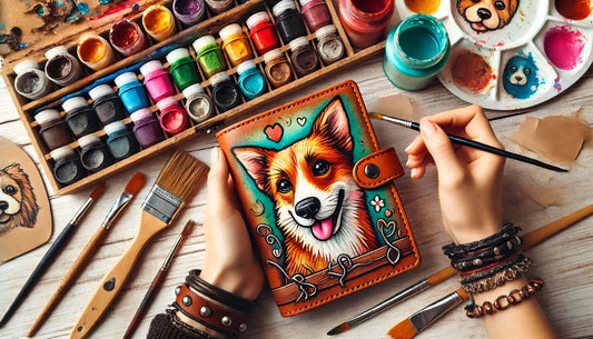 Handcrafted custom leather wallet with a cartoon-style pet portrait, surrounded by paintbrushes and a palette, and a pet owner with their dog, showcasing the emotional connection and artistic craftsmanship