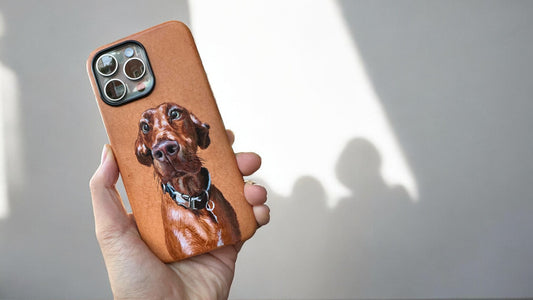 Personalize Your Device: Hand-Painted Pet Portrait Vegan-Tanned Leather Phone Case for Every Pet Lover