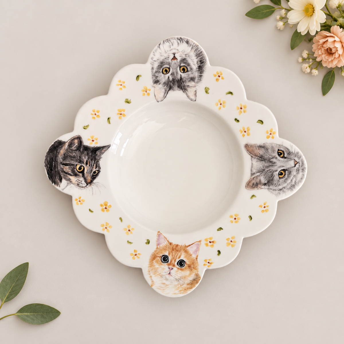 Hand-painted porcelain pet portrait plate with four cats and warm grey flowers