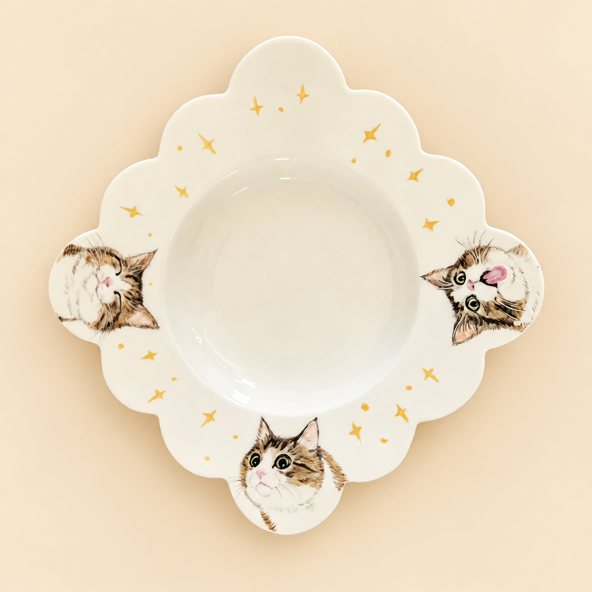 Pet portrait plate with three hand-painted pet portraits on cream