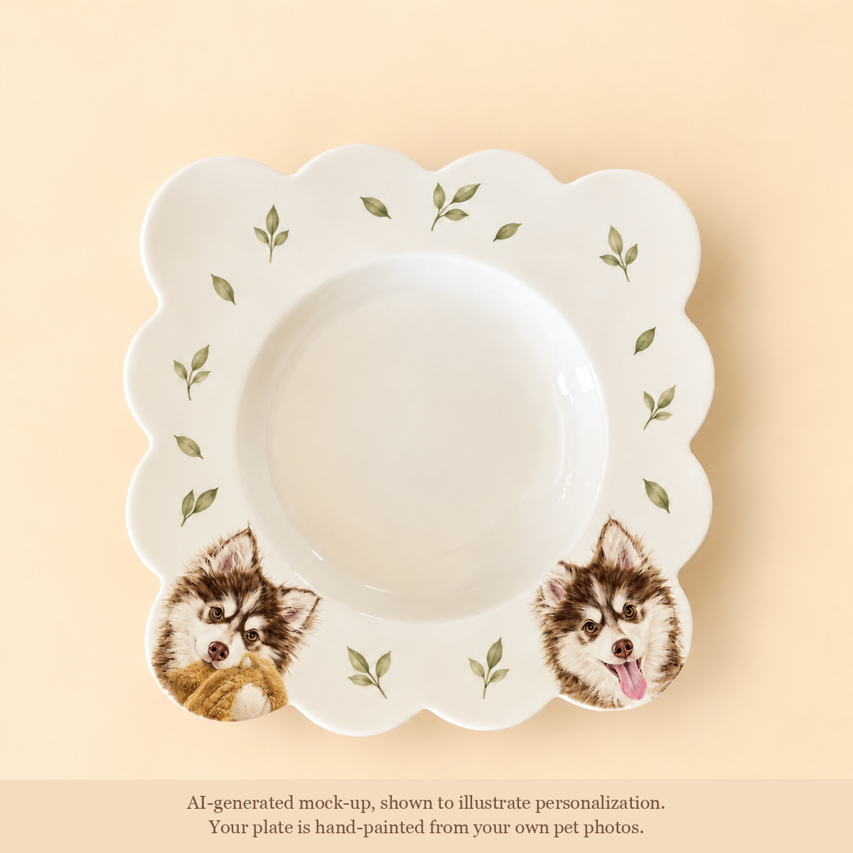 Two dogs on a pet portrait plate with leaves (AI-generated mock-up)
