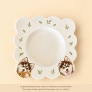 Two dogs on a pet portrait plate with leaves (AI-generated mock-up)