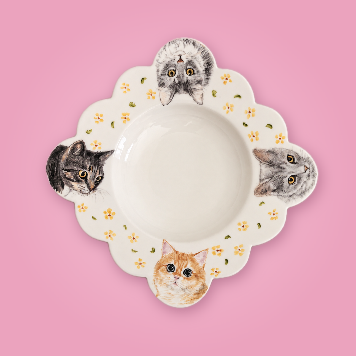 Custom pet portrait plate on a soft pink background