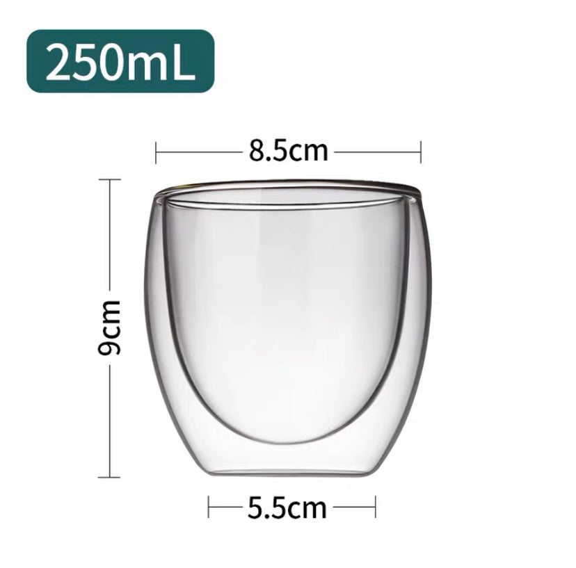 250ml double-layer glass insulation cup dimensions: 8.5cm diameter, 9cm height, and 5.5cm base width.