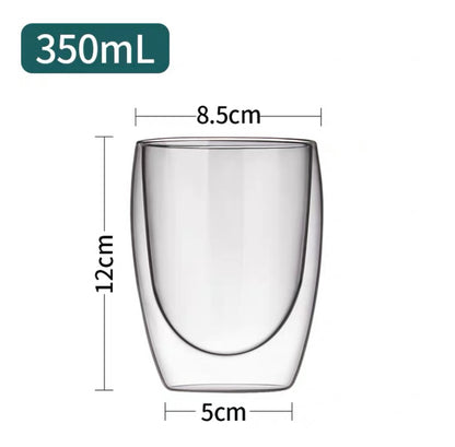 350ml double-layer glass insulation cup dimensions: 8.5cm diameter, 12cm height, and 5cm base width.