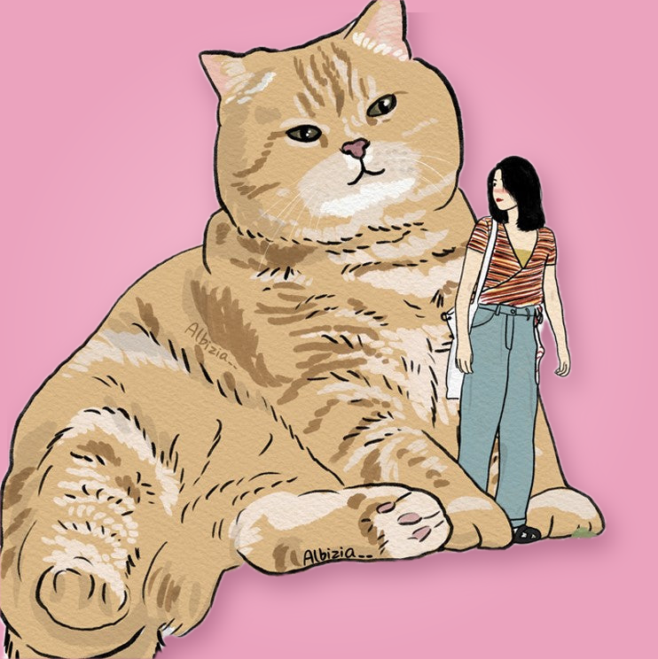 Pet and owner digital painting on a soft pink background