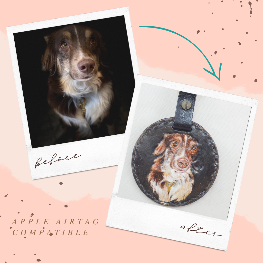 Creative display of a custom leather keychain featuring a hand-painted black dog portrait alongside the original photo.