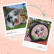Comparison image showing the original pet photo and the painted portrait on a leather handbag.