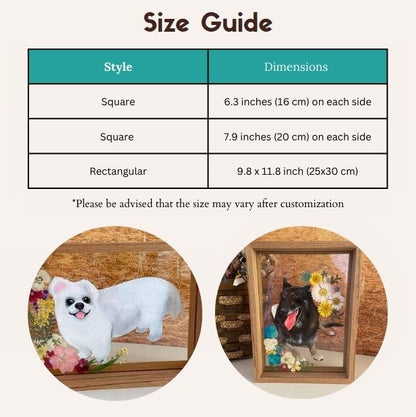 Custom size guide for hand-painted pet portraits, showcasing three available dimensions.