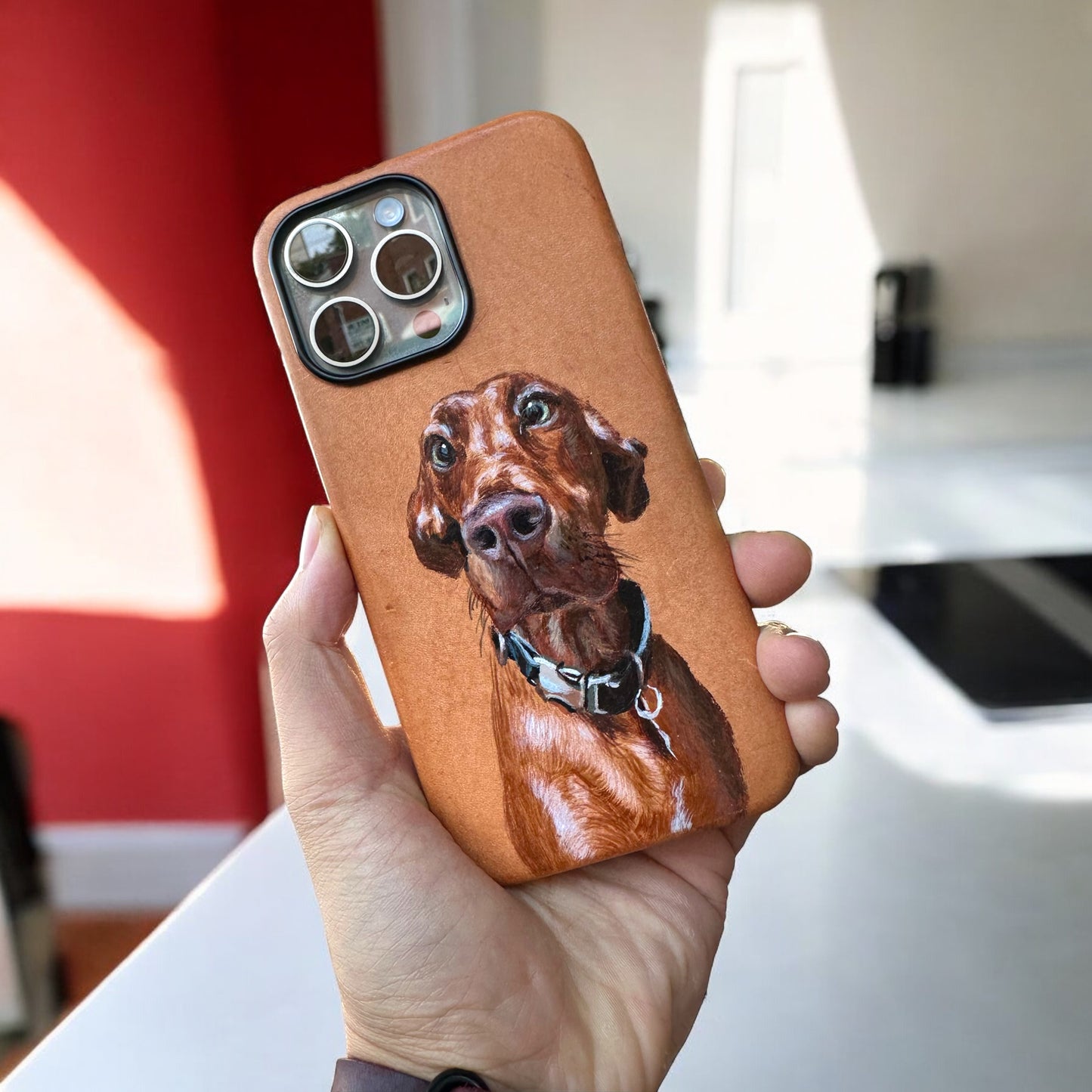 Hand-Painted Pet Portrait Vegan-Tanned Leather Phone Case