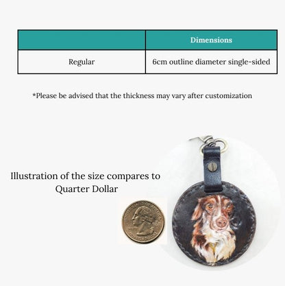 Size guide showing the dimensions of the custom pet keychain compared to a quarter dollar.