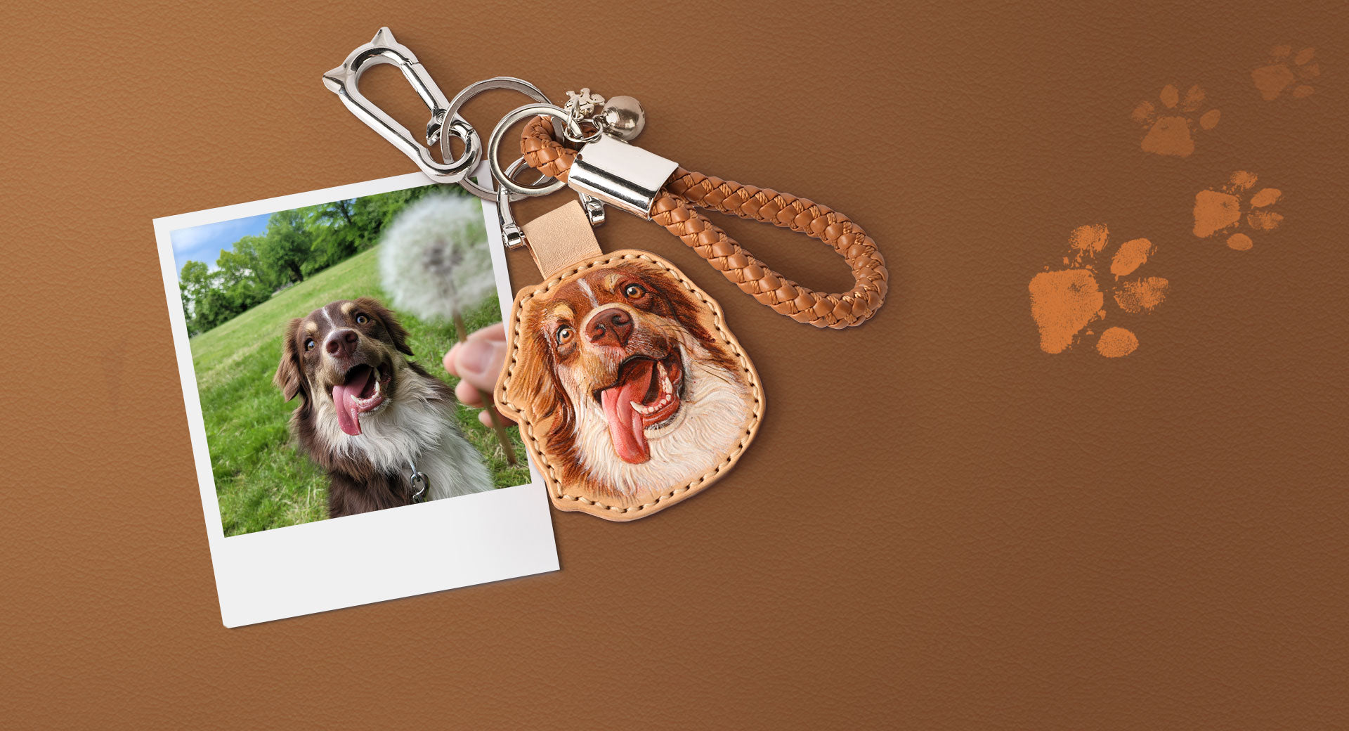 Custom dog portrait on a handcrafted leather keychain alongside a joyful photo, highlighting Petnoya's unique gifts for pet owners and their ability to transform pet portraits from photos into 3D works of art.