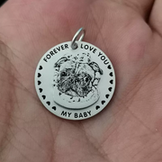 Custom pet necklace with a pug's face engraved, with the text "Forever love you my baby."