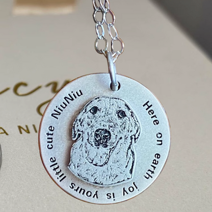 Custom pet photo necklace with 3D engraving, featuring a Labrador's face with the text "Here on earth, your joy is cute NiuNiu."