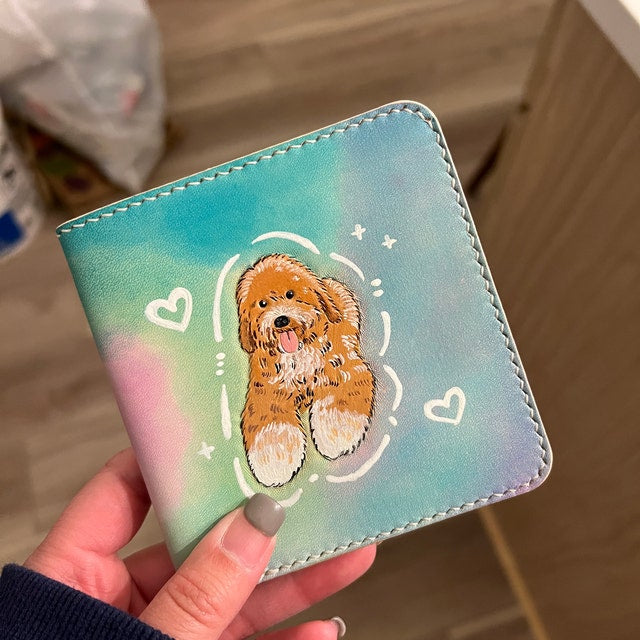 Custom pet portrait of a Doodle dog on a colorful leather wallet, personalized artwork with hearts and playful design