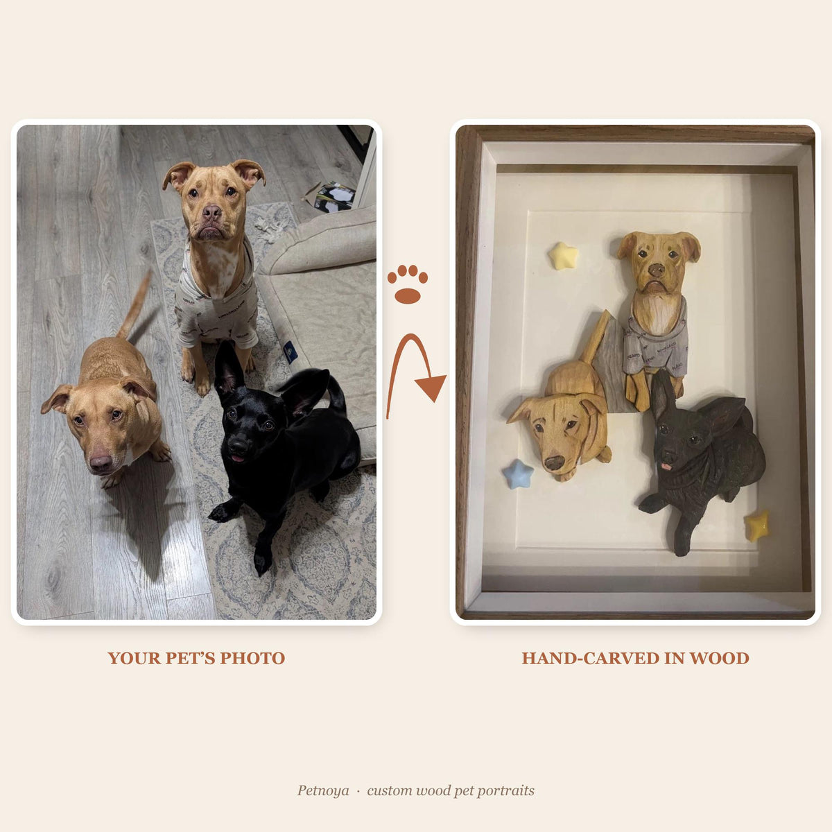 Pet photo and finished hand-carved wood portrait
